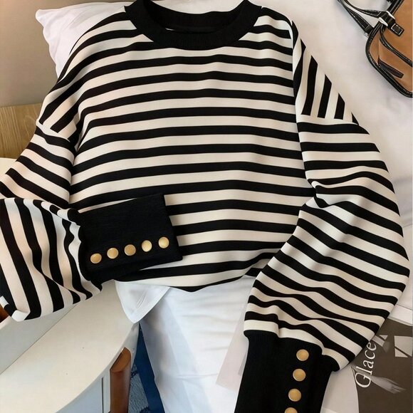 Black And White Casual Loose Fit Striped Women's Crew Neck Pullover Sweatshirt - Picture 1 of 5